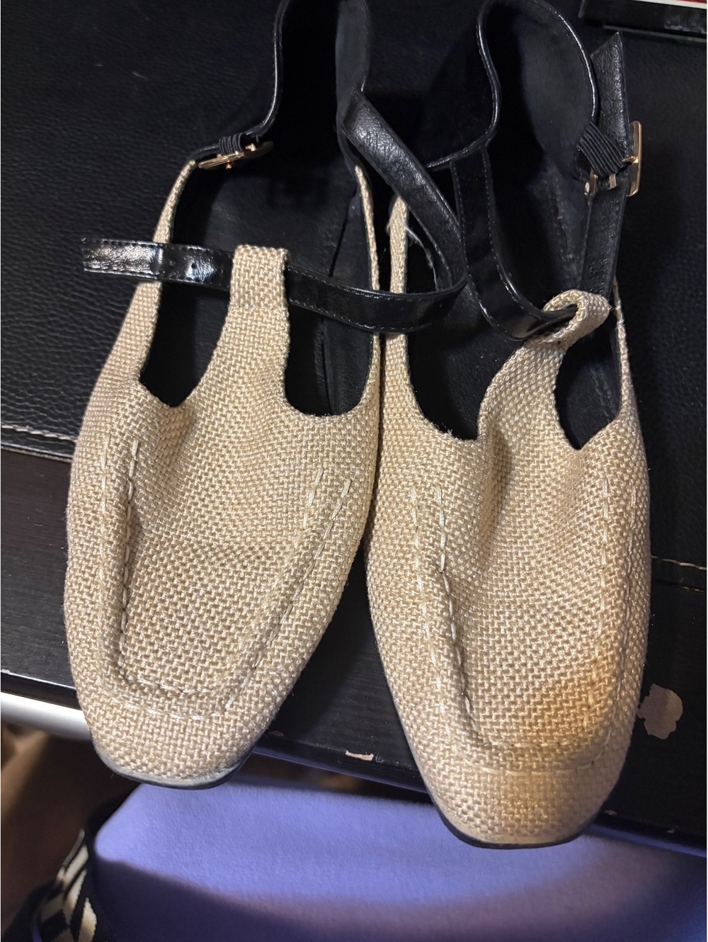 Women's Beige and Black Slingback Flats Size 7